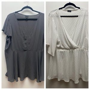 Bundle of 2 Torrid Blouses, sz 2, short sleeve, grey and white/blk polka dots